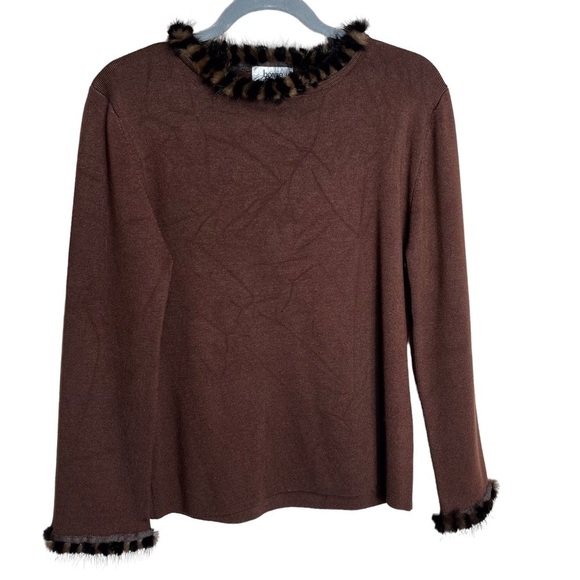 Vintage sz Medium brown silk sweater with fur cuffs and collar - Picture 1 of 16